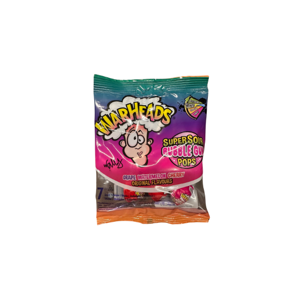 Warheads SuperSour Bubble Gum Pops Grape Watermelon Cherry 105g